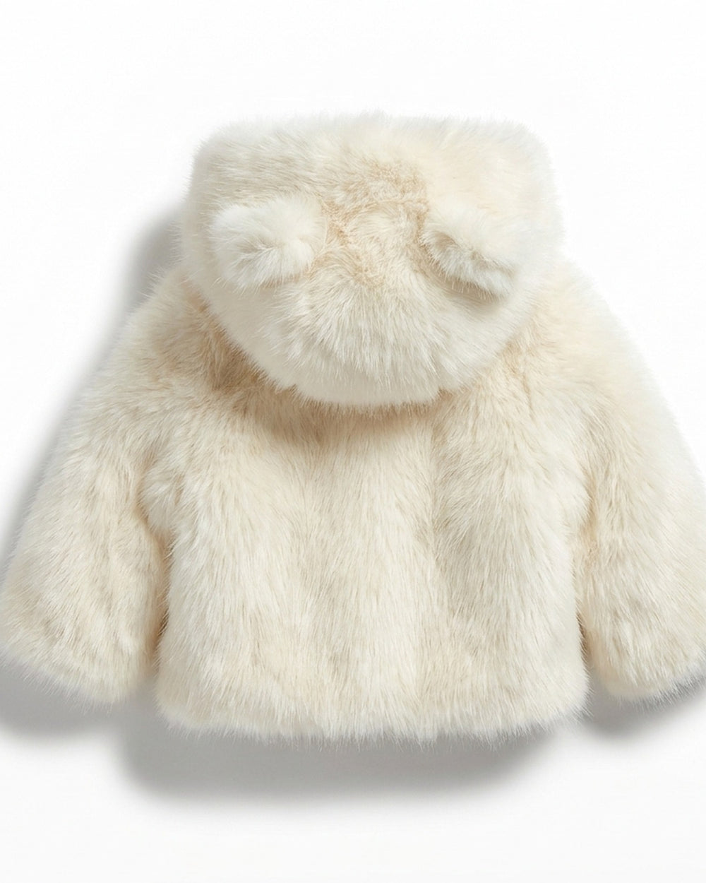 The Little Bear kids faux fur coat in Snowfall ivory white — back view, hood standing up, Fox & Ocean