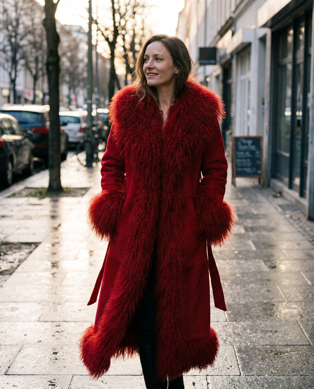The Ember long red coat worn open and moving, faux fur hem and front bands, Fox & Ocean
