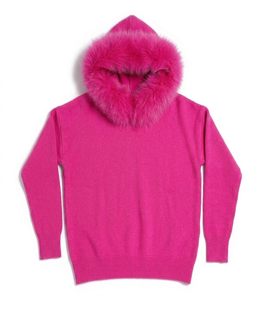 The Snow Day Set in Peony - hooded knit jumper, front view with the faux fur trimmed hood up, Fox & Ocean kids knit tracksuit