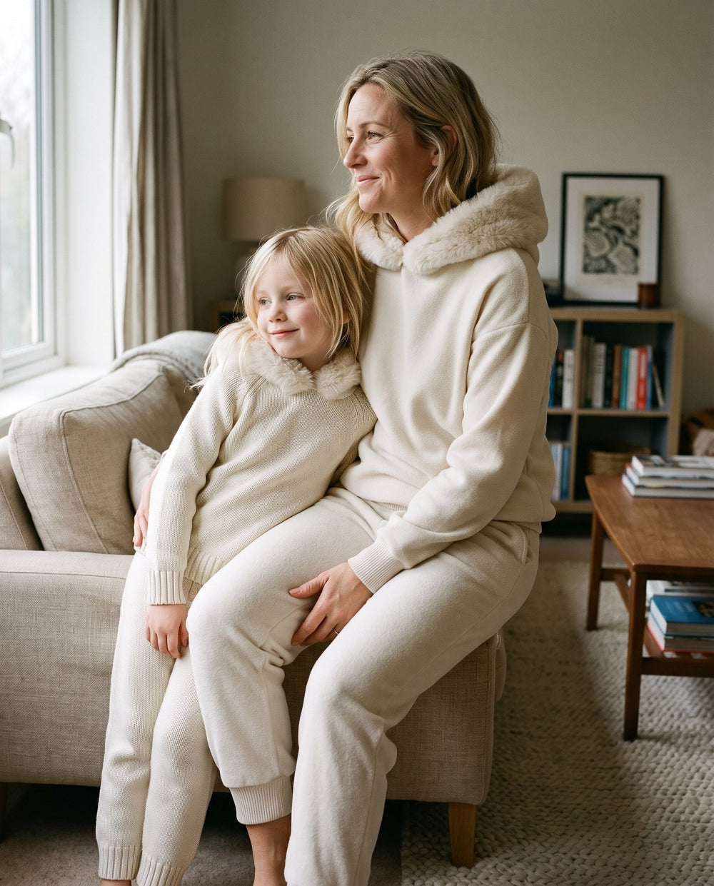 A mother and her daughter together in the matching Snow Day Set in Snowfall, Fox & Ocean