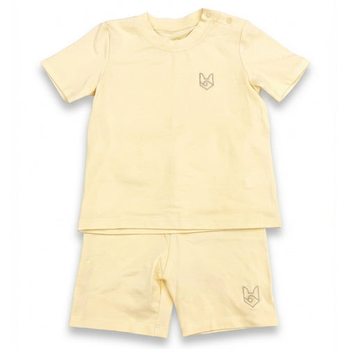 Kids Biker Set Sunshine Yellow flatlay — Fox & Ocean summer cotton tee and shorts