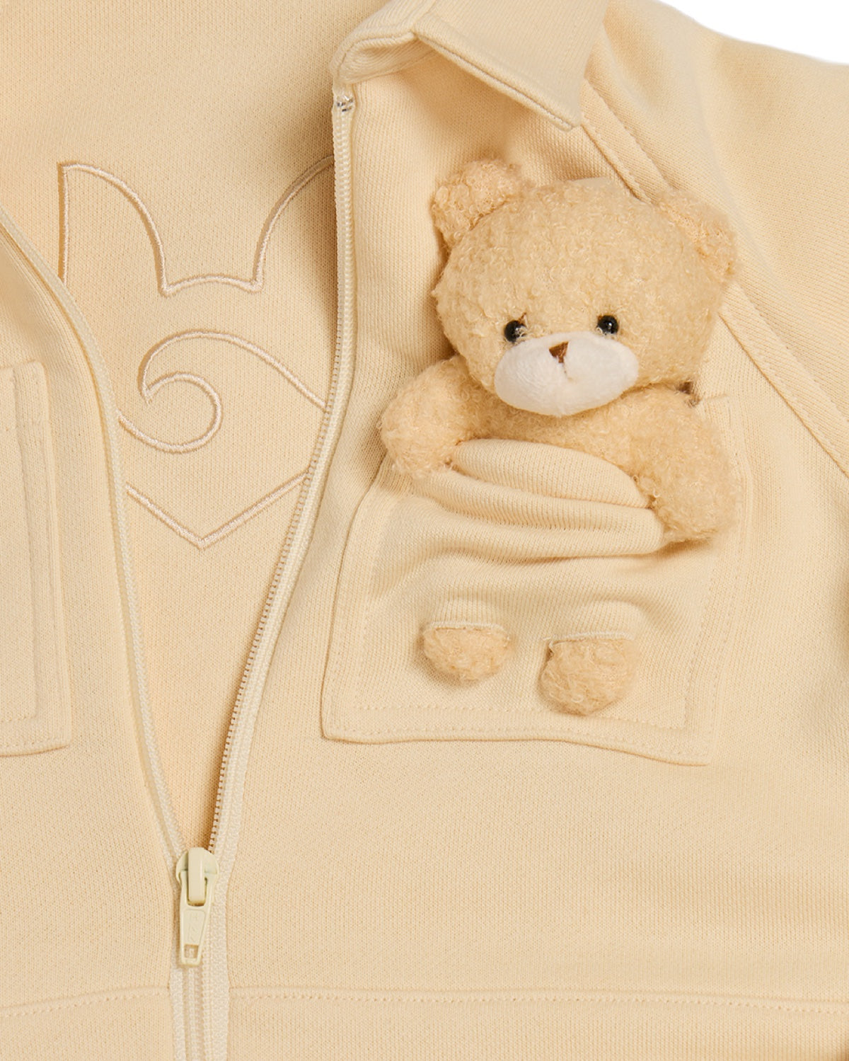 Fox and Ocean Kids Collared Jumpsuit bear pocket detail with plush teddy bear