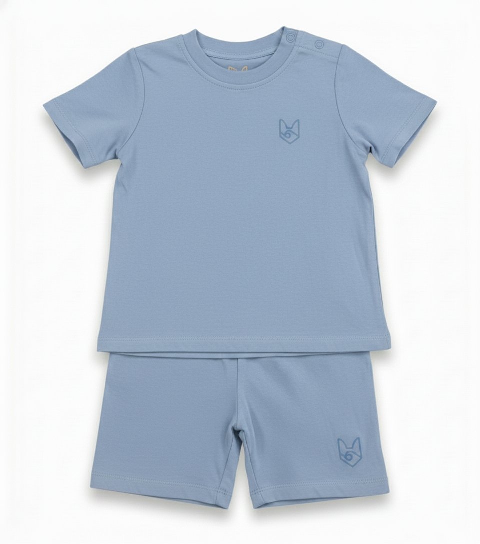 Fox & Ocean Kids Biker Set in Sky — tee and shorts flatlay