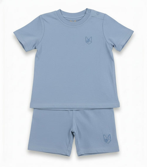 Fox & Ocean Kids Biker Set in Sky — tee and shorts flatlay