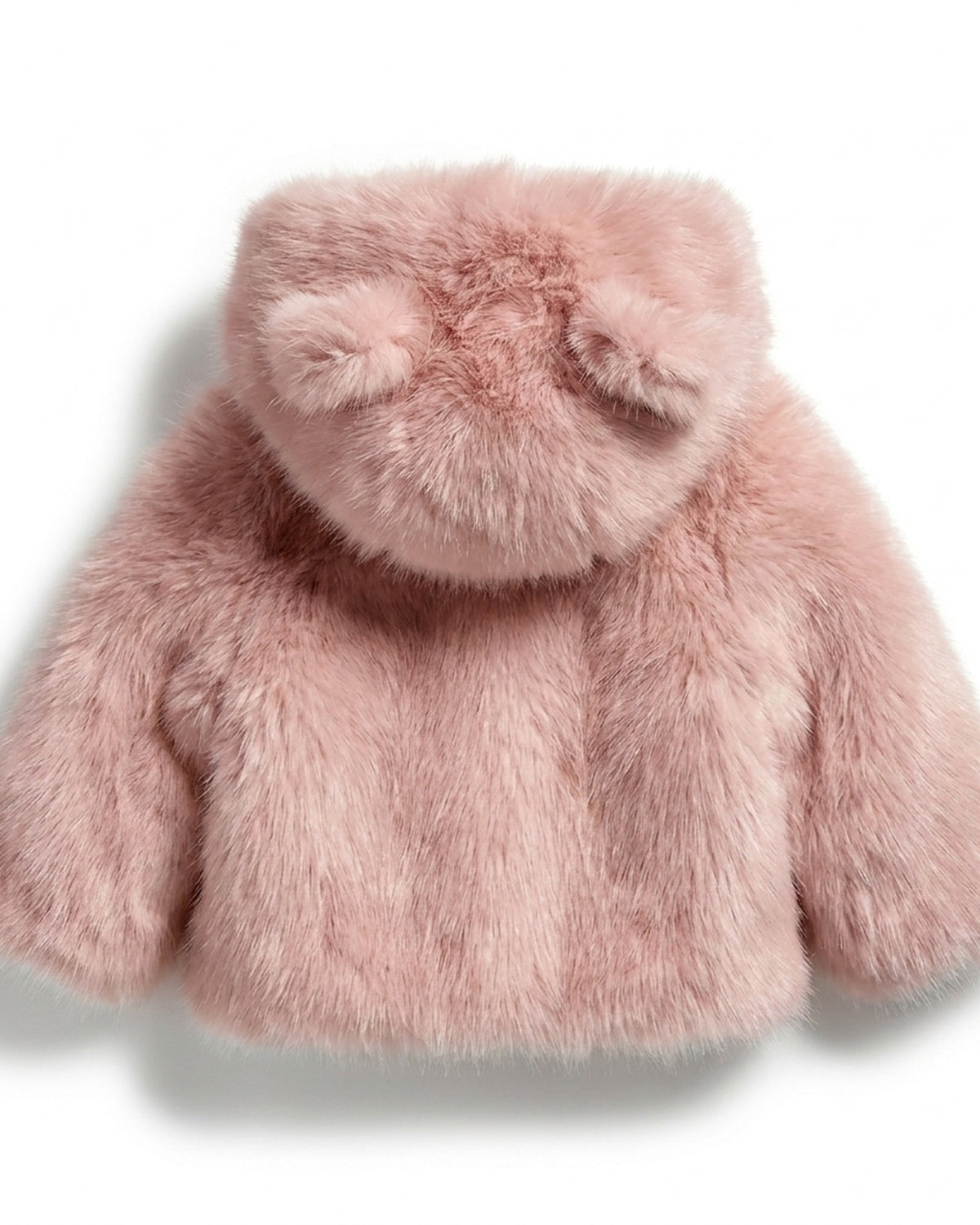 The Little Bear kids faux fur coat in Blush dusty rose pink — back view, hood standing up, Fox & Ocean