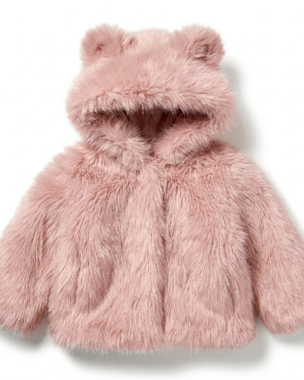 The Little Bear kids faux fur coat in Blush dusty rose pink — front view, hood up with bear ears, Fox & Ocean