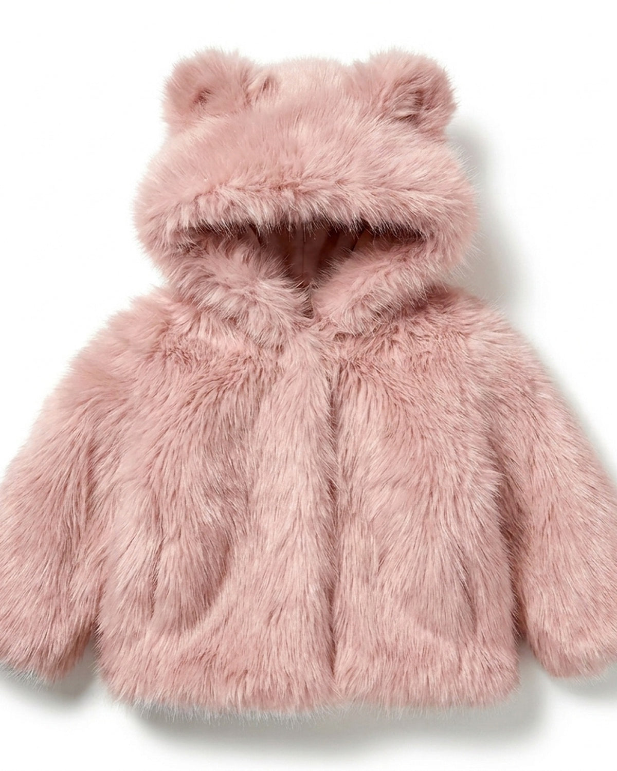 The Little Bear kids faux fur coat in Blush dusty rose pink — front view, hood up with bear ears, Fox & Ocean