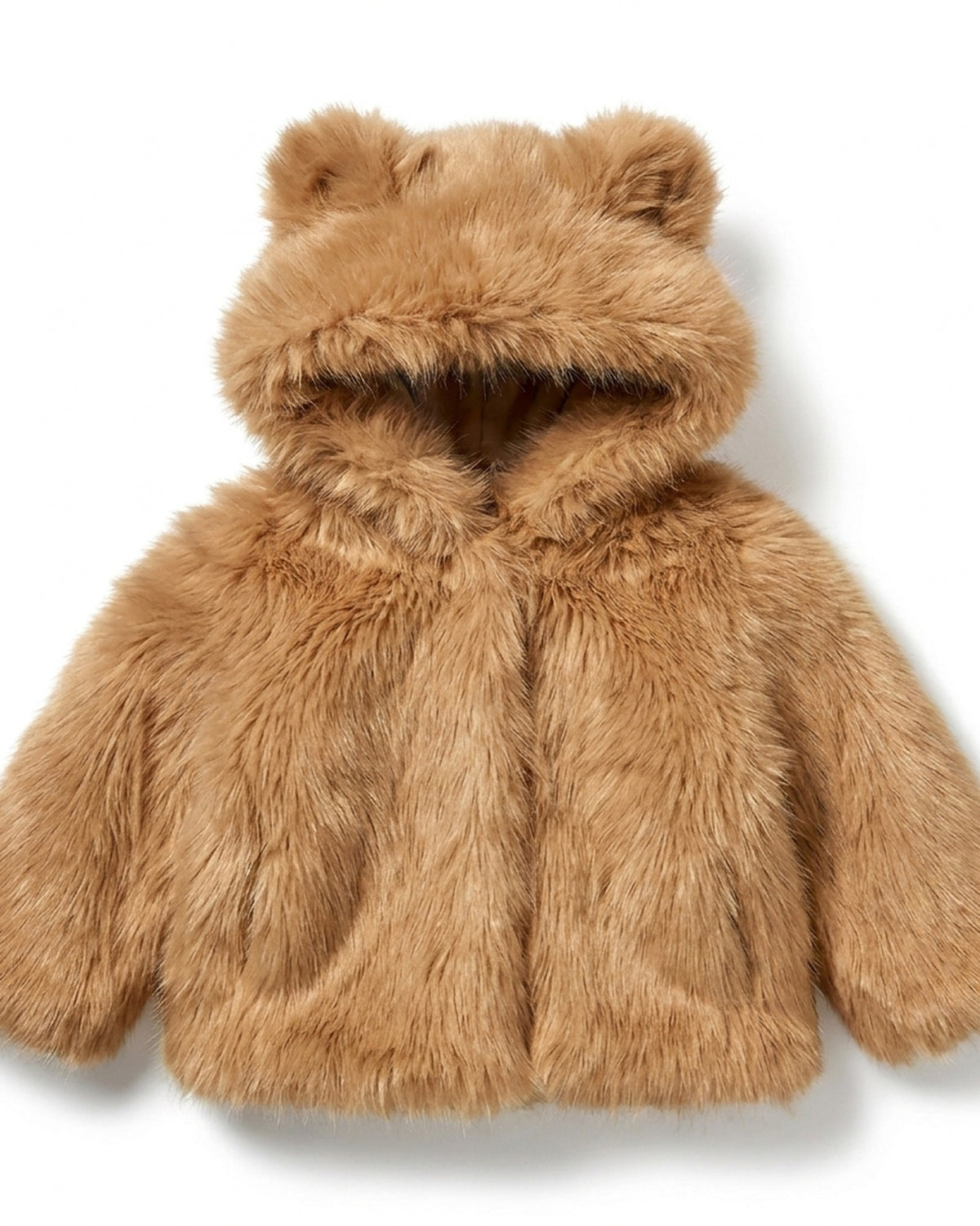 The Little Bear kids faux fur coat in Chestnut warm camel brown — front view, hood up with bear ears, Fox & Ocean