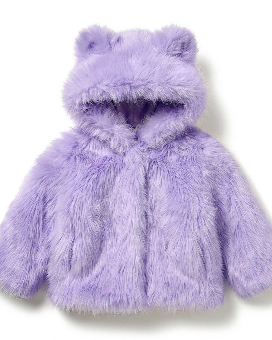 The Little Bear kids faux fur coat in Lavender soft lilac — front view, hood up with bear ears, Fox & Ocean