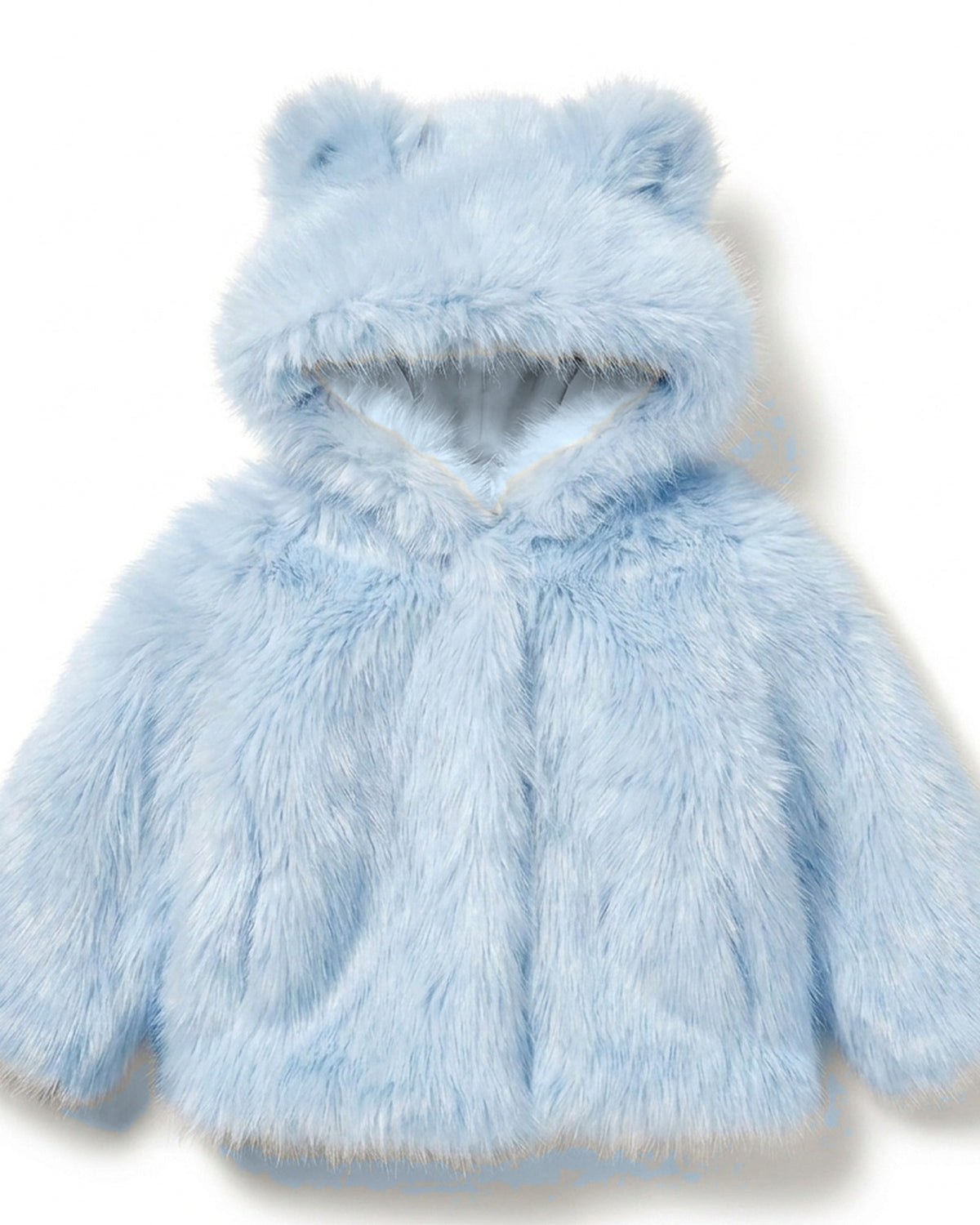 The Little Bear kids faux fur coat in Sky powder blue — front view, hood up with bear ears, Fox & Ocean