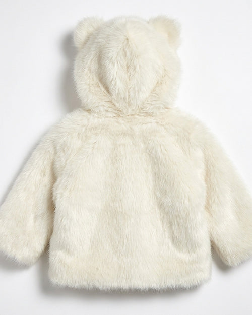 The Little Bear kids faux fur coat in Snowfall ivory white — back view, hood laid flat showing both bear ears, Fox & Ocean