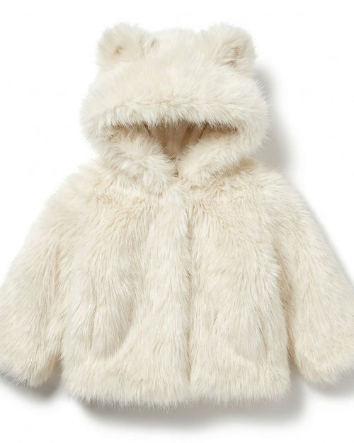 The Little Bear kids faux fur coat in Snowfall ivory white — front view, hood up with bear ears, Fox & Ocean