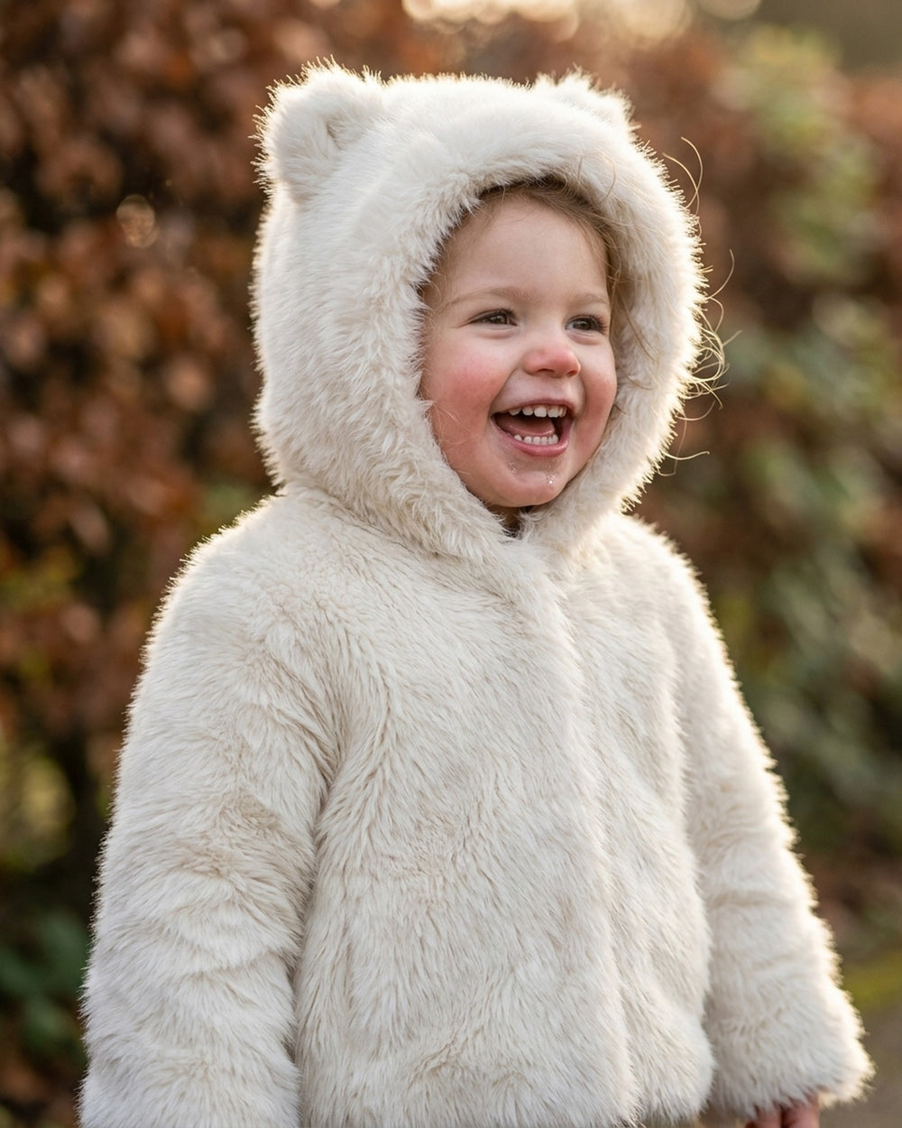 A laughing toddler in the Snowfall Little Bear faux fur coat, hood up with bear ears, warm autumn light behind