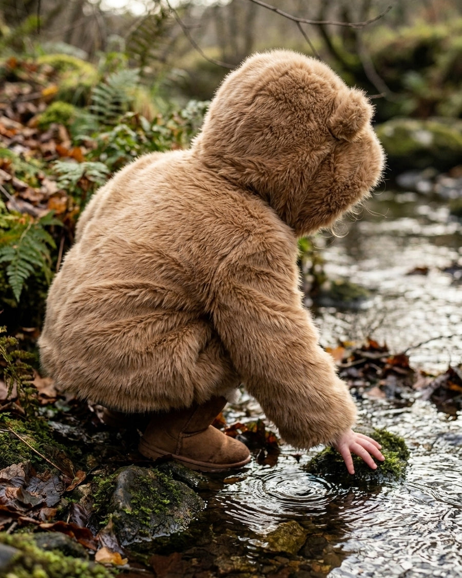 A child crouching at the edge of a woodland stream in the Chestnut Little Bear faux fur coat, hood up, reaching towards the water