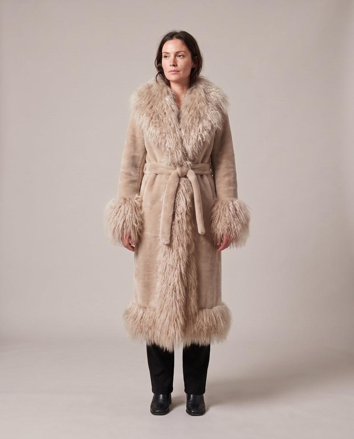 The Ember coat in Oat, full length front view, Fox & Ocean