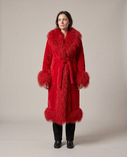 The Ember red faux fur trimmed coat, full length front view, Fox & Ocean