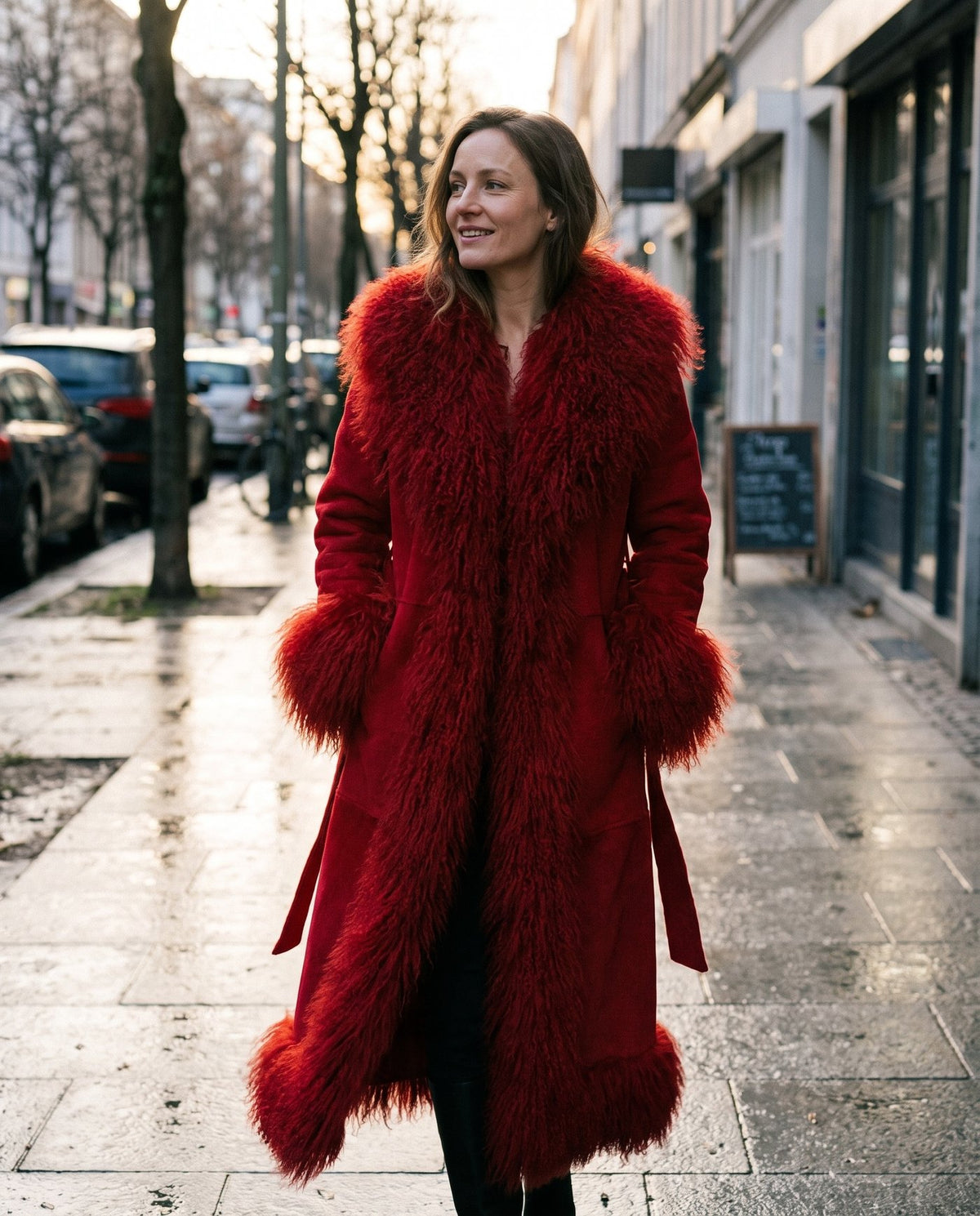 The Ember long red coat worn open and moving, faux fur hem and front bands, Fox & Ocean
