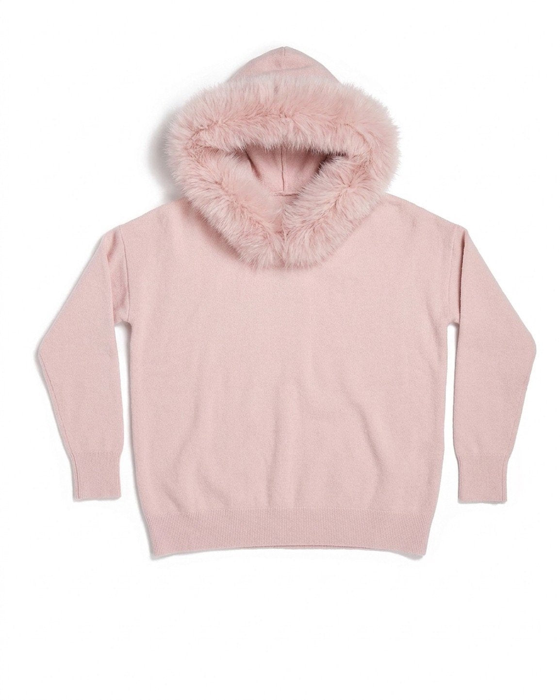The Snow Day Set in Blush - hooded knit jumper, front view with the faux fur trimmed hood up, Fox & Ocean kids knit tracksuit