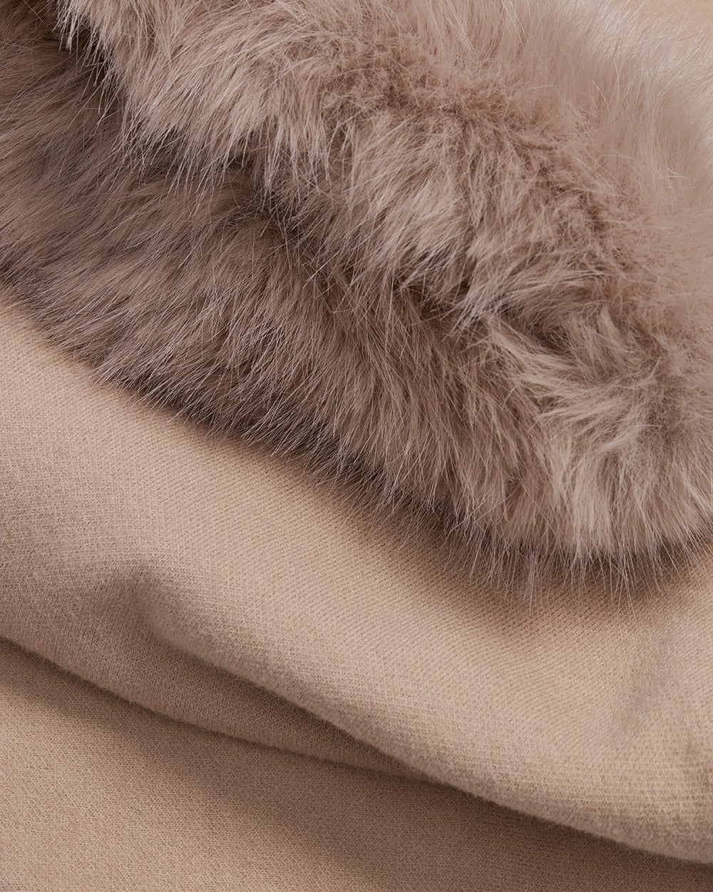 The Snow Day Set in Sand - close detail of the faux fur hood trim against the knit, Fox & Ocean kids knit tracksuit