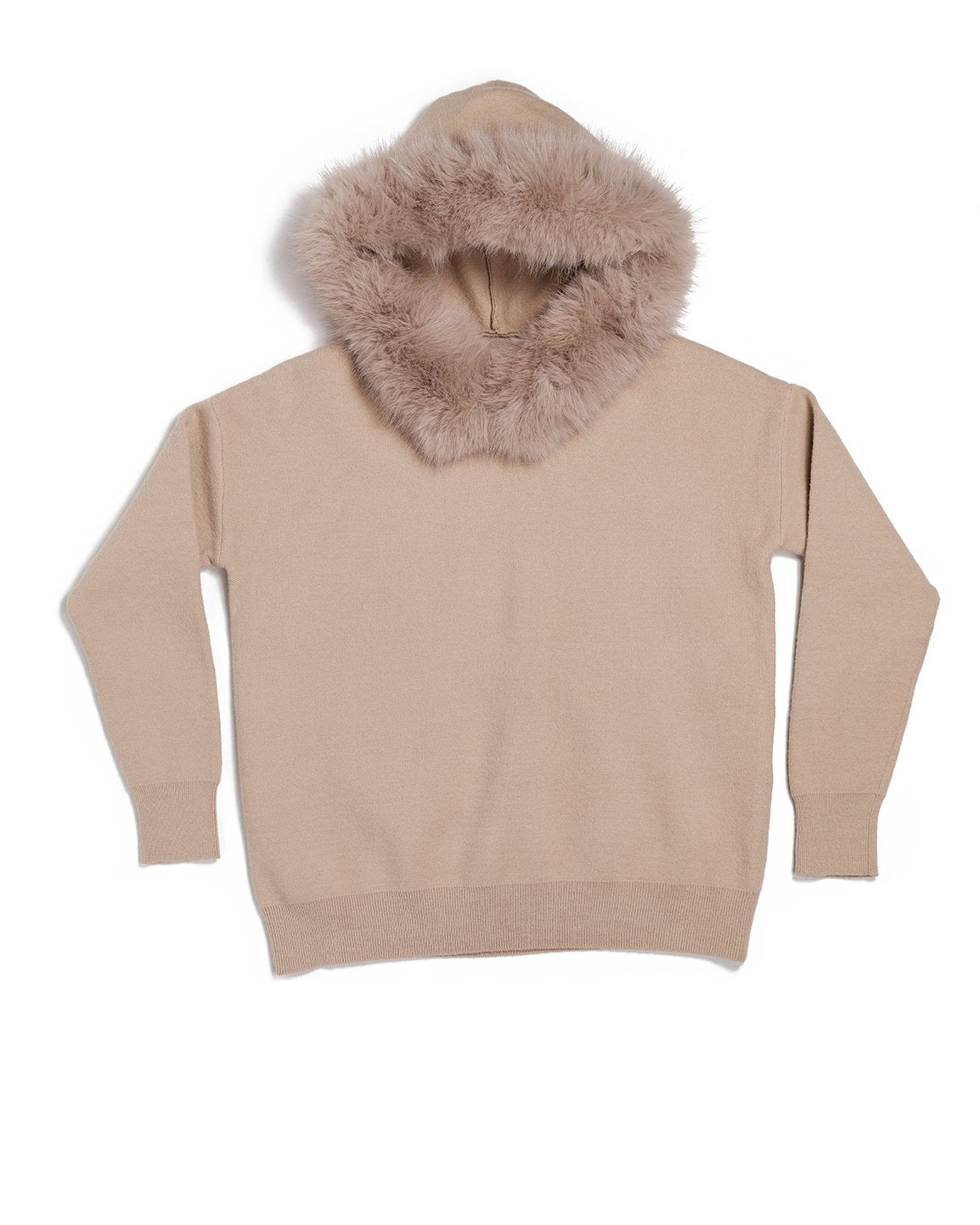 The Snow Day Set in Sand - hooded knit jumper, front view with the faux fur trimmed hood up, Fox & Ocean kids knit tracksuit