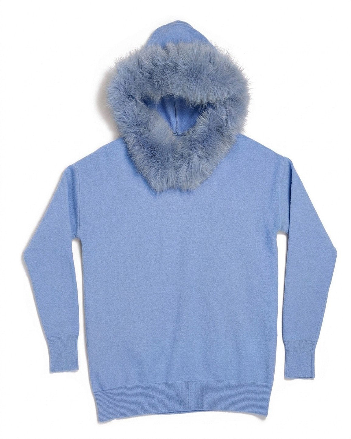 The Snow Day Set in Sky - hooded knit jumper, front view with the faux fur trimmed hood up, Fox & Ocean kids knit tracksuit