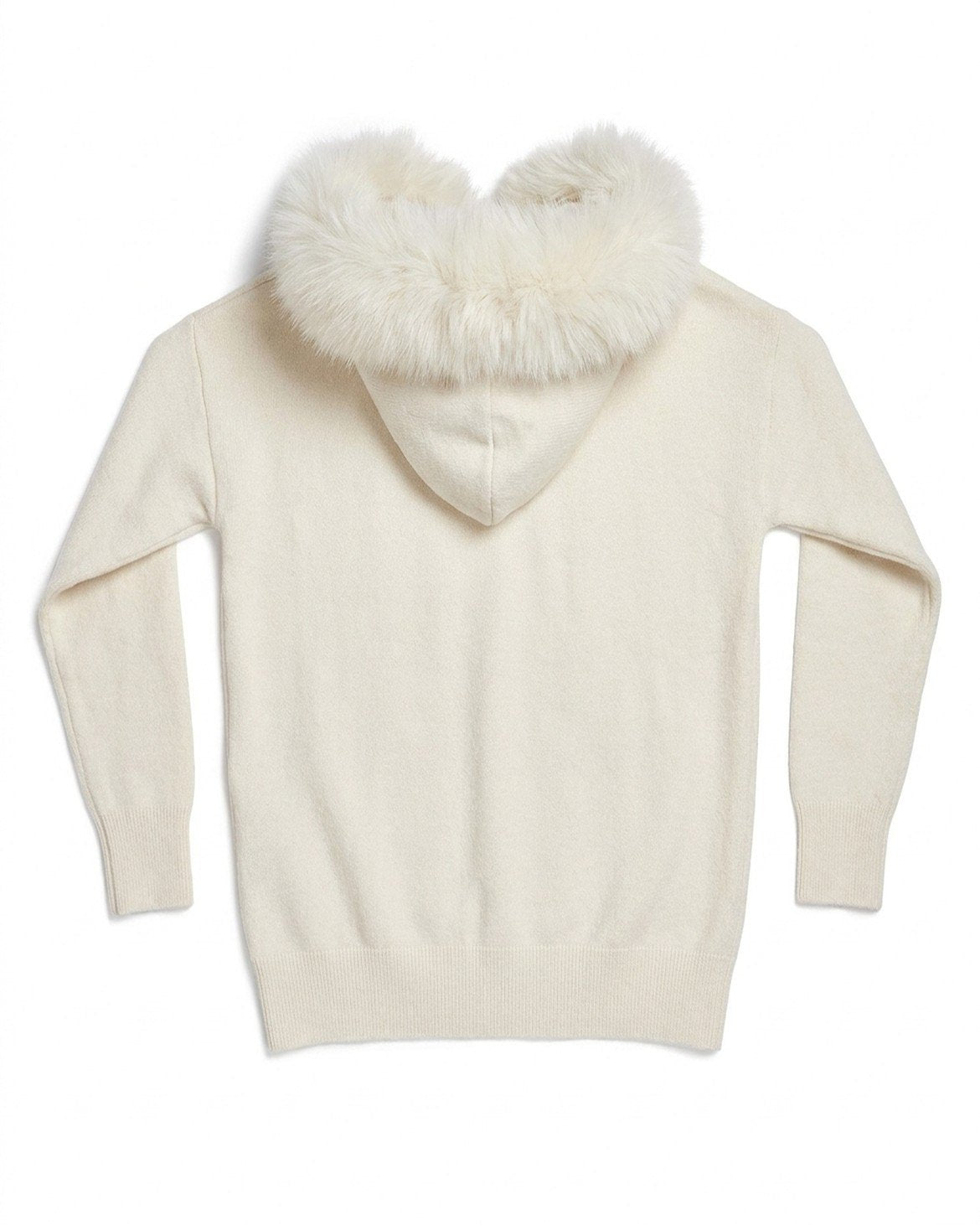 The Snow Day Set in Snowfall - hooded knit jumper, back view with the faux fur trimmed hood laid open, Fox & Ocean kids knit tracksuit