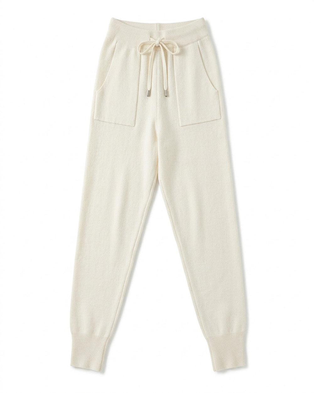 The Snow Day Set in Snowfall - knit joggers, front view with drawstring waist and two patch pockets, Fox & Ocean kids knit tracksuit
