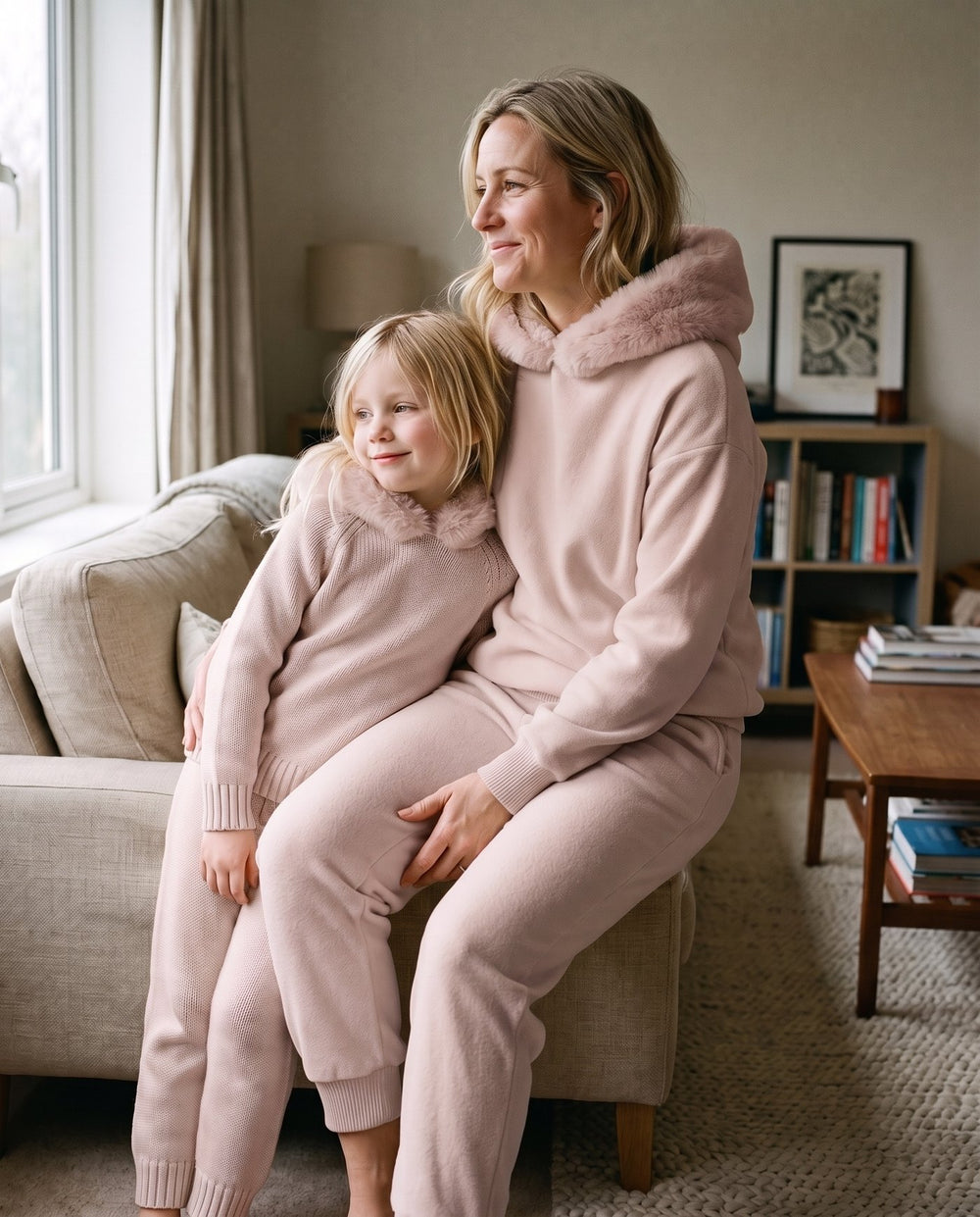 A mother and her daughter together in the matching Snow Day Set in Blush, Fox & Ocean
