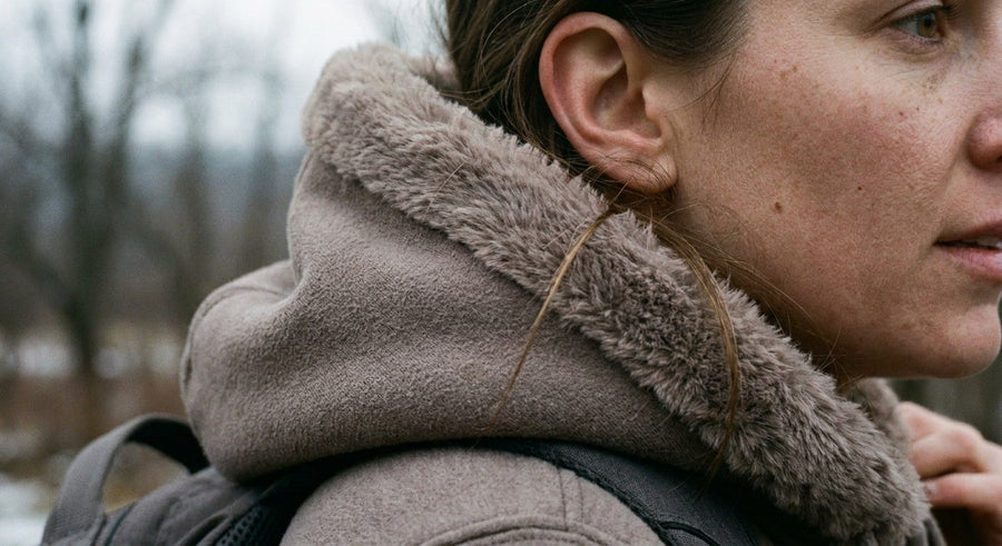 Close detail of the plush faux fur hood trim worn