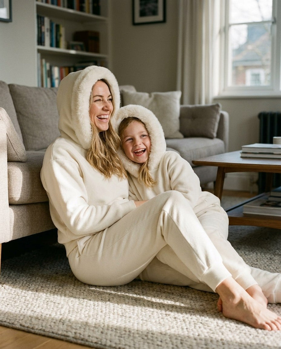 A mother and daughter laughing together in matching Snow Day Sets