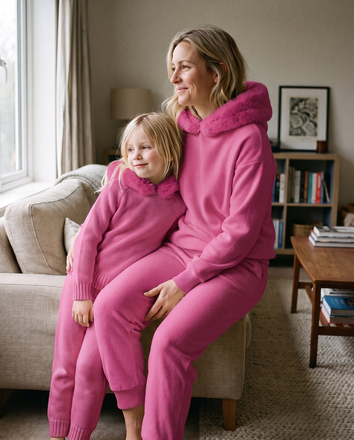 A mother and her daughter together in the matching Snow Day Set in Peony, Fox & Ocean