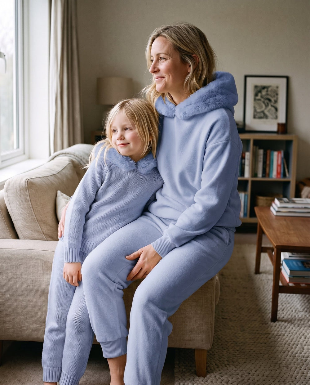 A mother and her daughter together in the matching Snow Day Set in Sky, Fox & Ocean