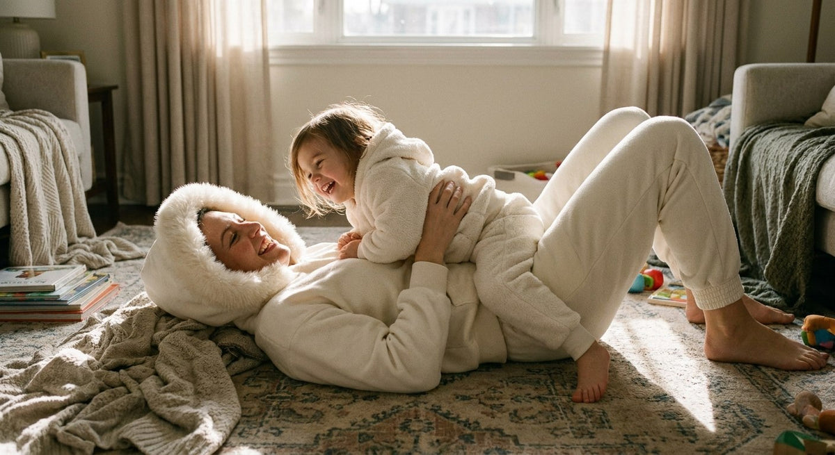 A mother and her small child on a sunlit rug, both in the matching Snow Day Set in Snowfall