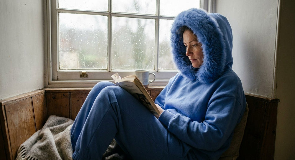 A woman reading with the hood up in The Snow Day Set for women, in a rainy window seat