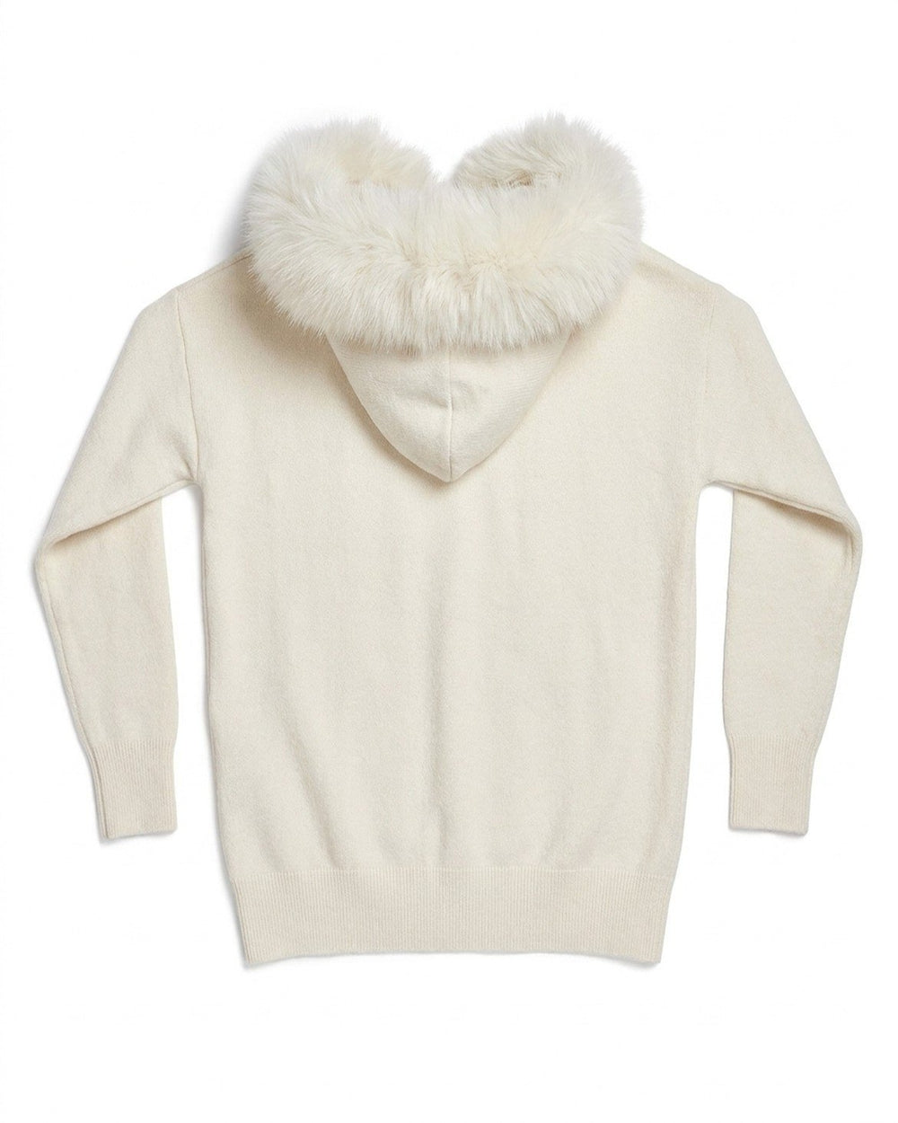 The Snow Day Set for women in Snowfall - hoodie, back view with the faux fur trimmed hood open, Fox & Ocean