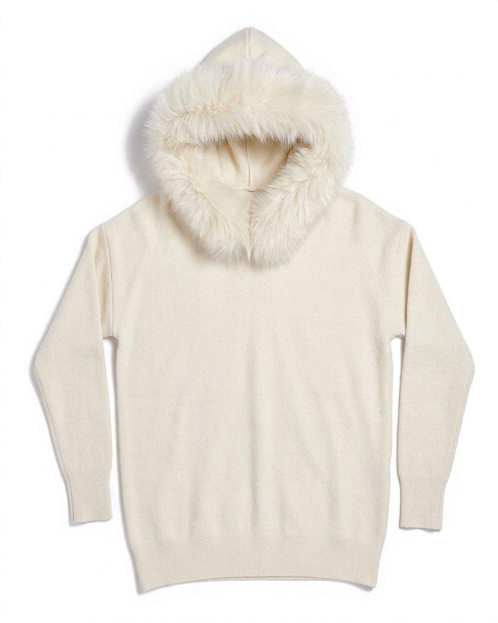 The Snow Day Set for women in Snowfall - hoodie, front view with the faux fur trimmed hood up, Fox & Ocean