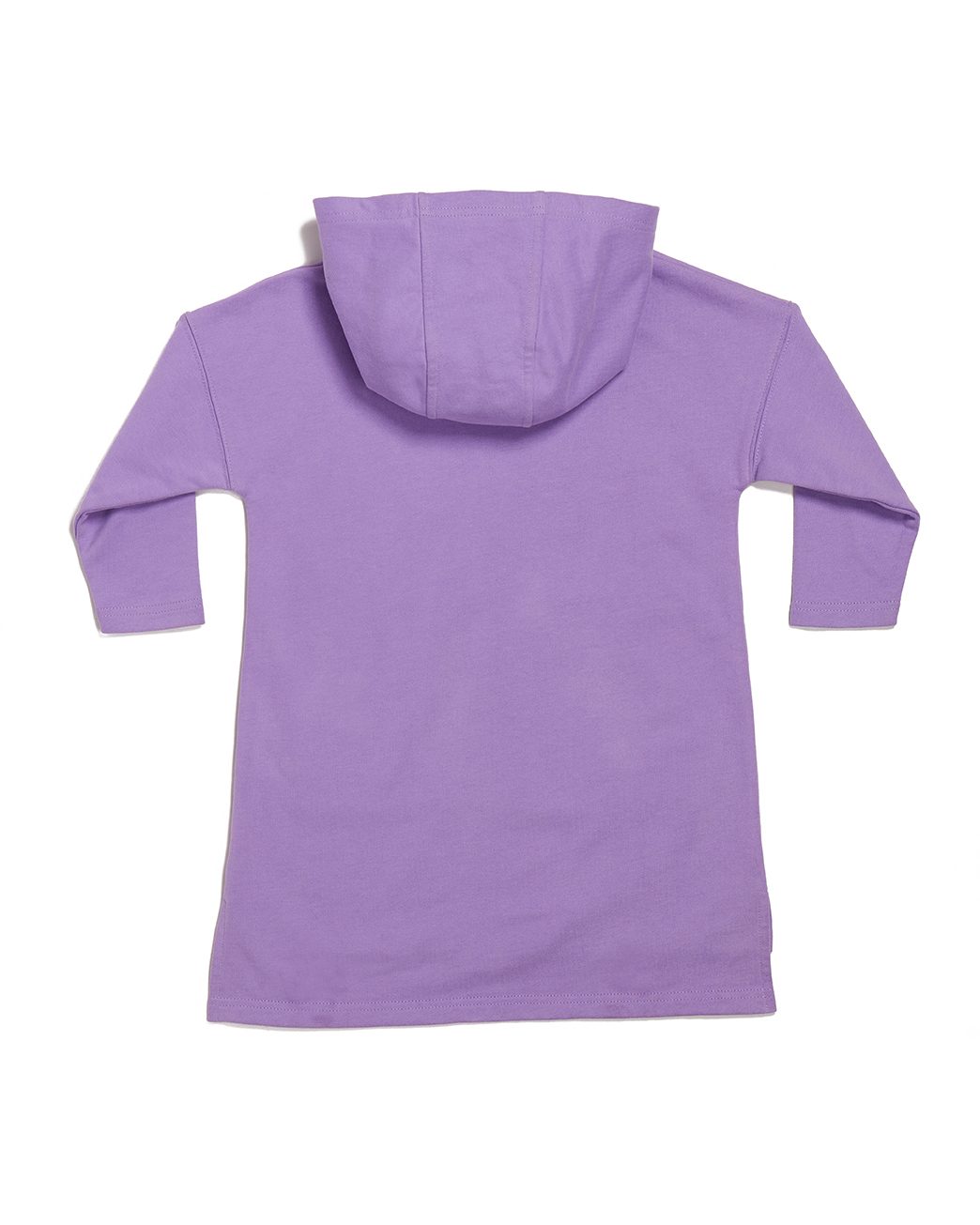 The Story-Keeper kids lavender hooded tunic, back view showing hood and high-low hem