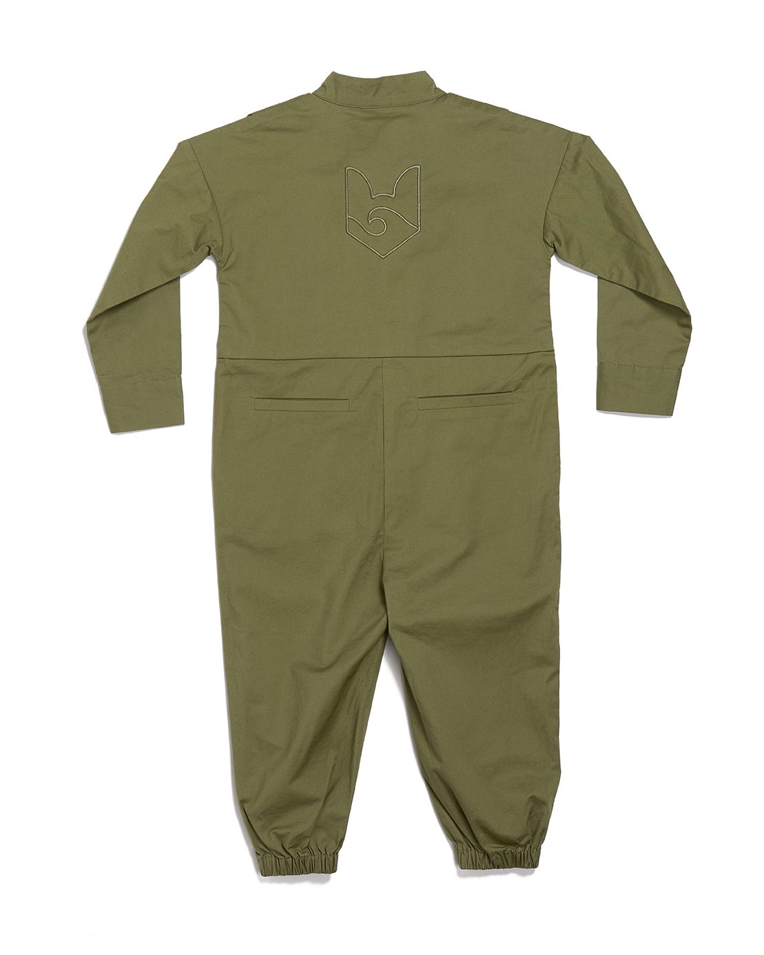 The Wayfinder kids jumpsuit in Meadow green, back view with embroidered Fox and Ocean crest