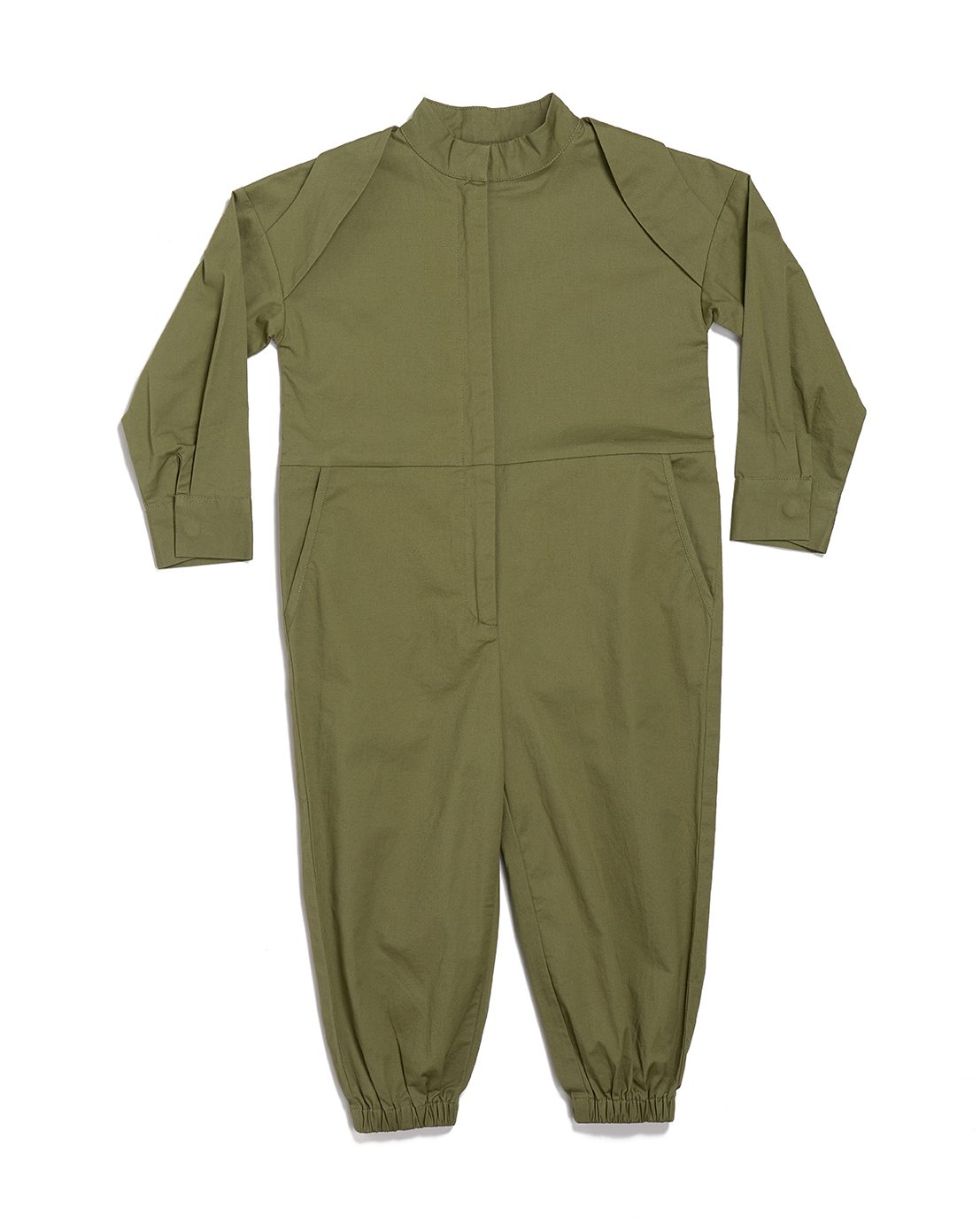 The Wayfinder kids jumpsuit in Meadow green, long-sleeve organic cotton one-piece, front view